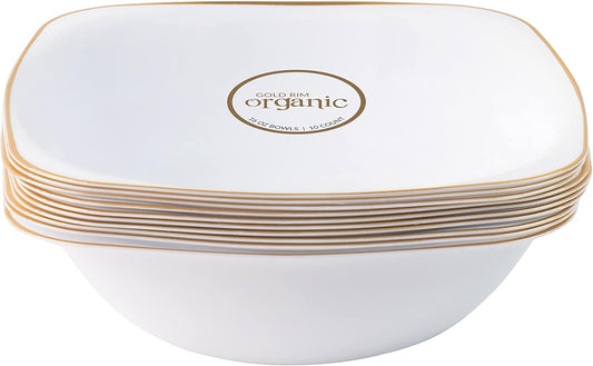 PLASTICPRO White Plastic Organic Party Square Soup bowls White With Gold Rim Elegant Disposable Tableware Dishes 16 OZ 32 Count