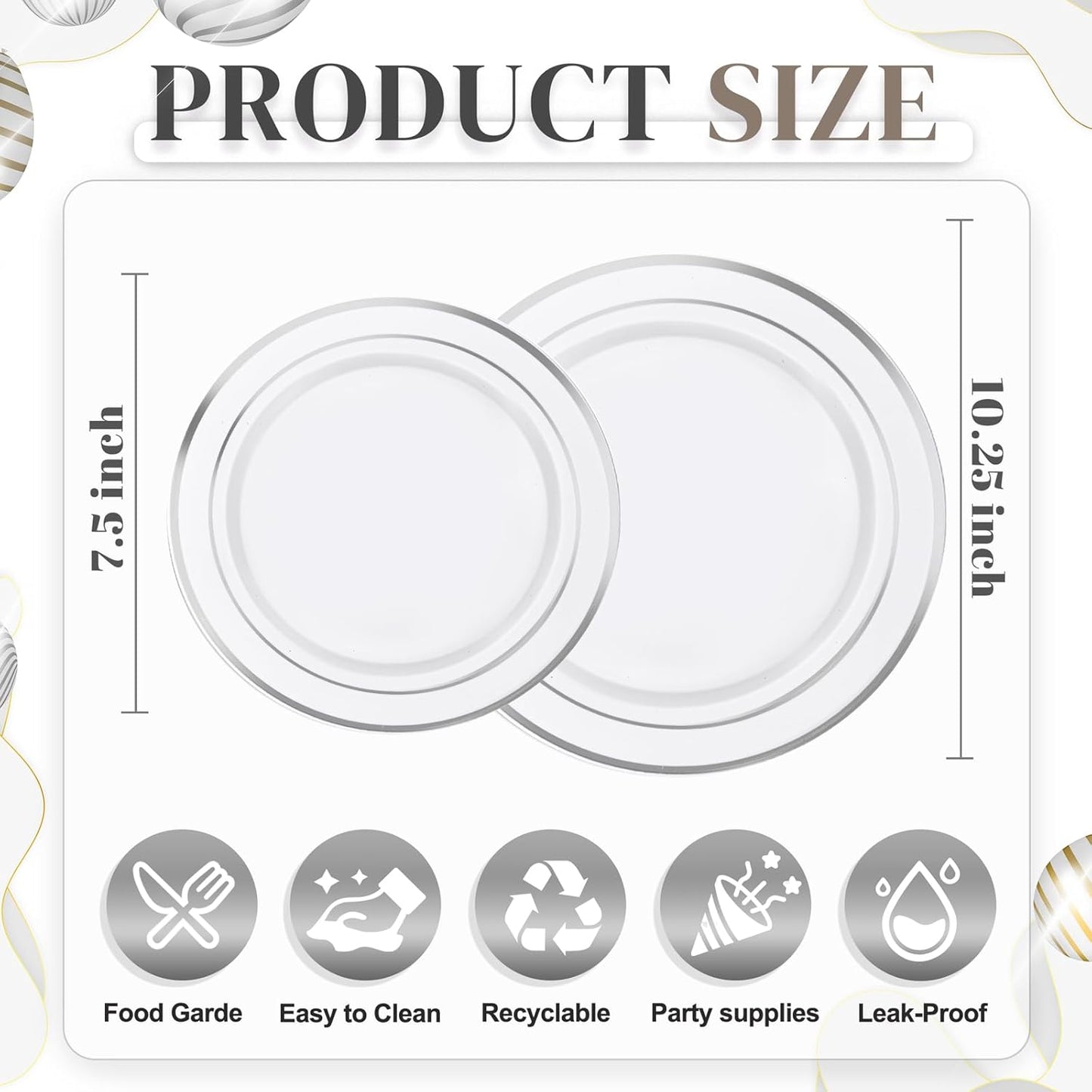 WDF 120PCS Plastic Christmas Plates White Silver Rim - Disposable Plates including 60PCS for Dinner 10.25inch, 60 Salad/Dessert Plates 7.5inch Heavy Duty Wedding