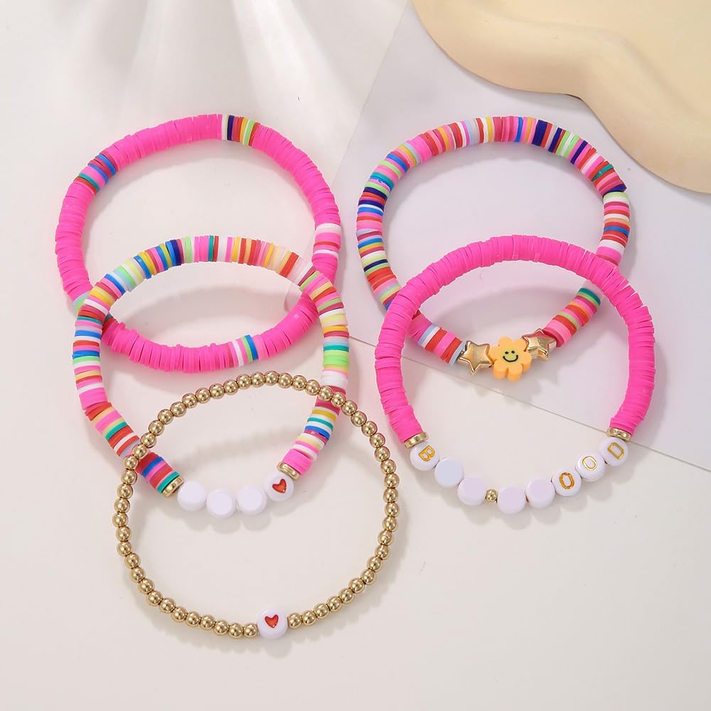 Friendship Bracelets for Women - Heishi Surfer Colorful Smile Evil Eye Clay Beaded Stretch Bracelets Elastic Layering - Stackable Boho Disc Y2K Aesthetic Summer Jewelry Set.