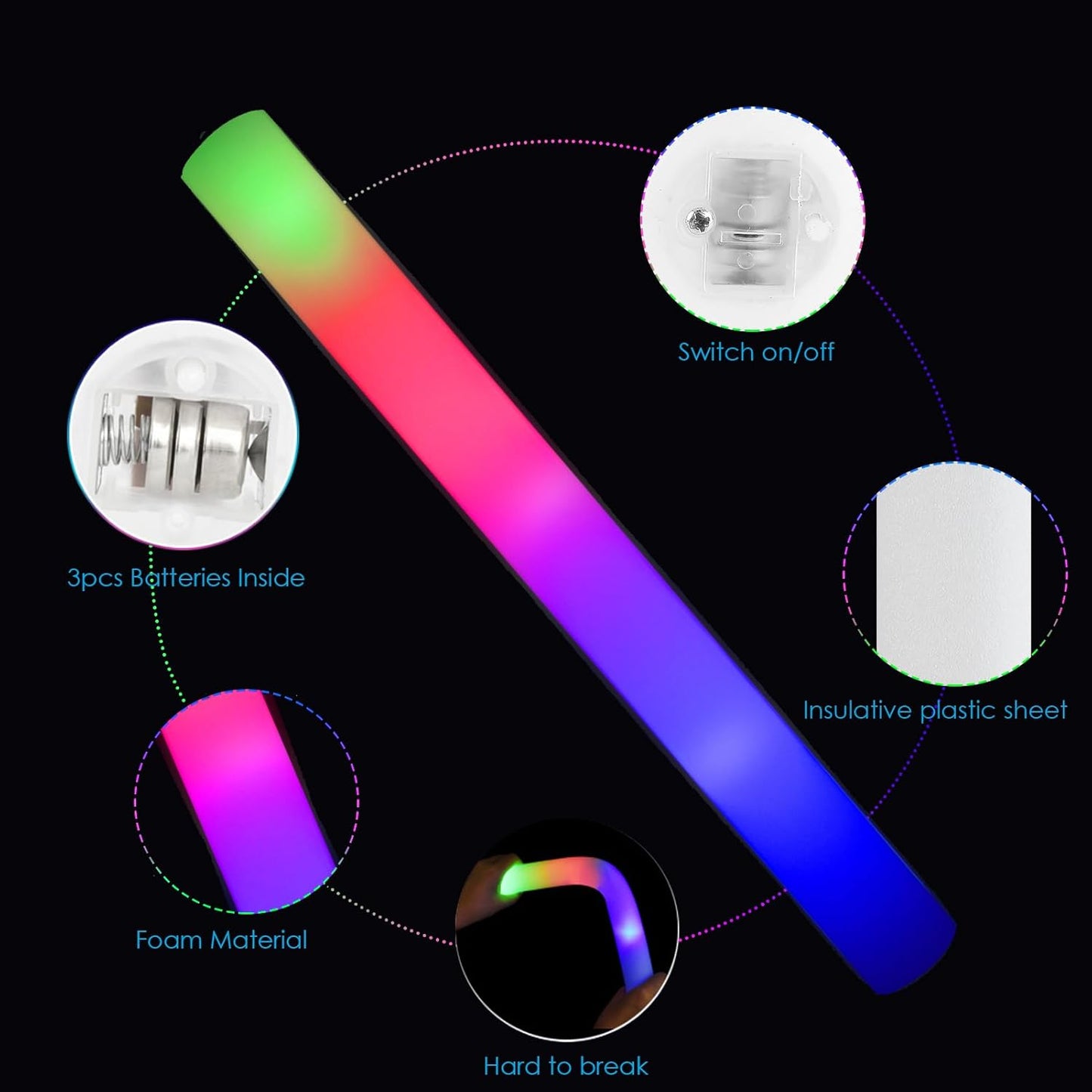 EXCECAR 188PCS Foam Glow Sticks, Led Light Up Foam Sticks with 3 Modes Flashing Changing, Glowing in The Dark for Event Party Wedding Halloween Christmas Concert Supplies