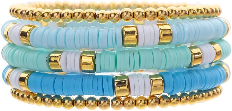 Friendship Bracelets for Women - Heishi Surfer Colorful Smile Evil Eye Clay Beaded Stretch Bracelets Elastic Layering - Stackable Boho Disc Y2K Aesthetic Summer Jewelry Set.