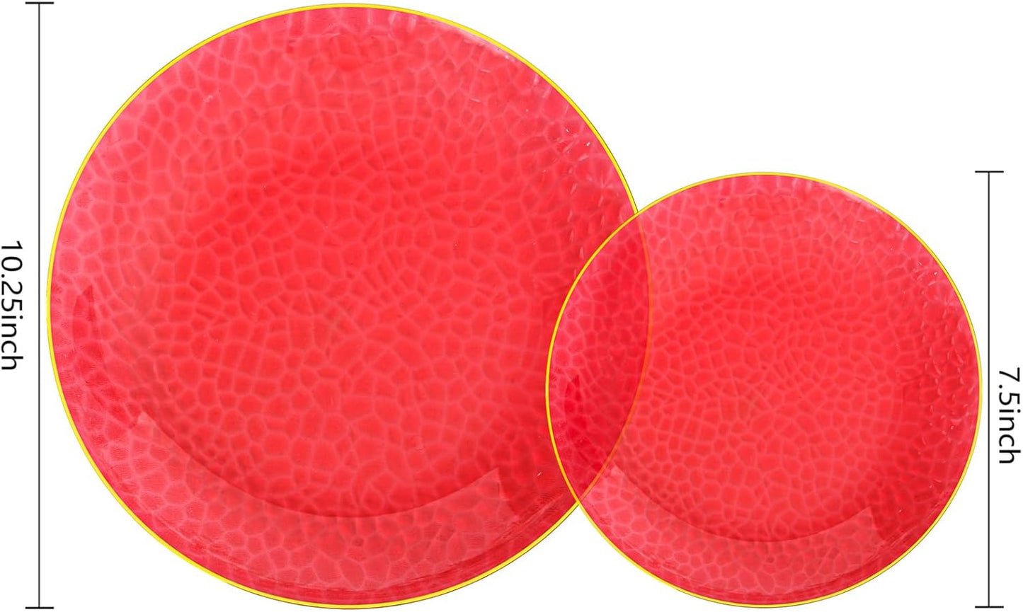 SUT 100Pcs Red Plastic Plates, Hammered Plates Disposable Heavy Duty, Red Disposable Plates With Gold Rim, Fancy Plastic plates Include 50 Dinner and 50 Dessert Plate for Wedding