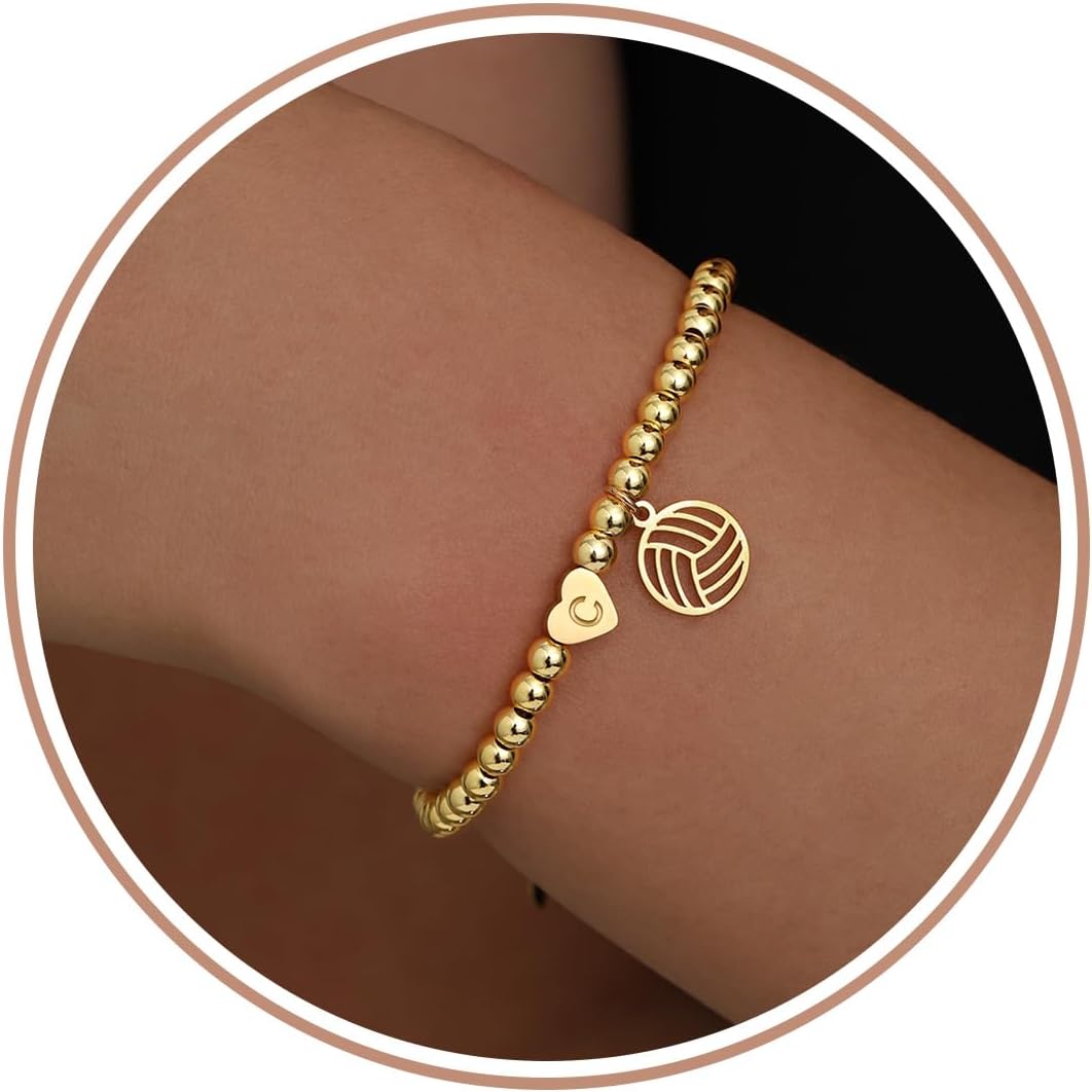 Volleyball Stuff, Volleyball Gifts Stocking Stuffers for Teens Initial Bracelet Adjustable Letter A-Z Gold Beaded Bracelets for Women Heart Link Valentines Day Gift Basket Christmas Graduation Jewelry