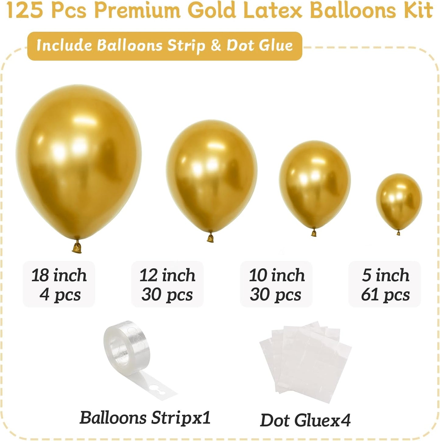 Gold Balloon Arch Kit, 125 Pcs Gold Balloons Different Sizes 18 Inch 12 Inch 10 Inch 5 Inch Metallic Gold Balloons Garland for Birthday Baby Shower Wedding Graduation Party Decoration