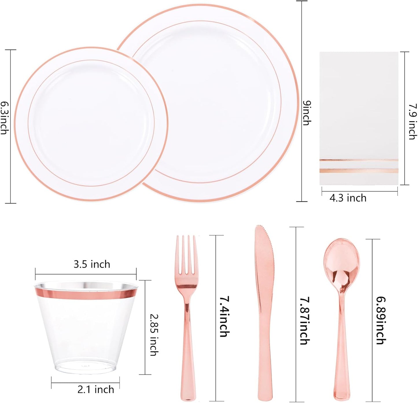 GATHER 350PCS Rose Gold Plastic Plates - Disposable Rose Gold Dinnerware Sets Includes 100 Gold Rimmed Plastic Plates, 150 Silverware, 50 Napkins, 50 Cups for Party, Wedding