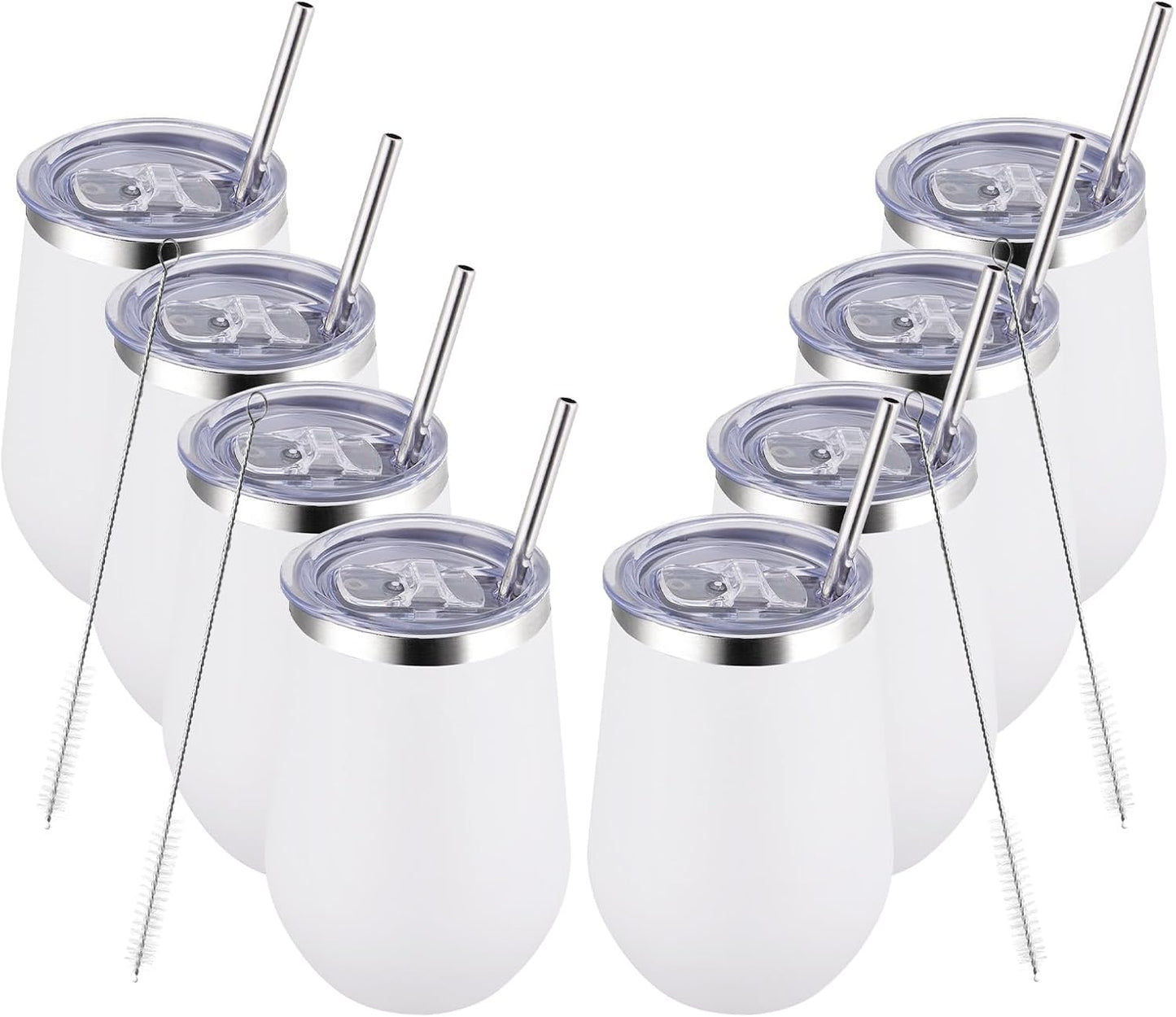 MEWAY Stemless 12oz Insulated Wine Tumbler with Lid and Straw - Double Wall Stainless Steel Thermal Cups, Travel wine glasses, Ideal for Bridal and Baby Shower Game Prizes(White,Set of 8)