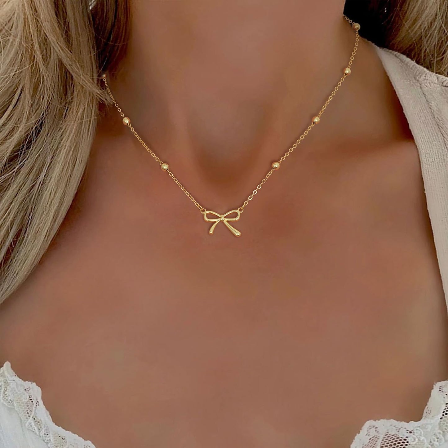 Stocking Stuffers for Women Dainty Bow Necklace 14K Gold Plated Cute Choker Small Pendant Charm Necklaces Teen Gift Trendy Stuff Personalized Jewelry Christmas Gifts