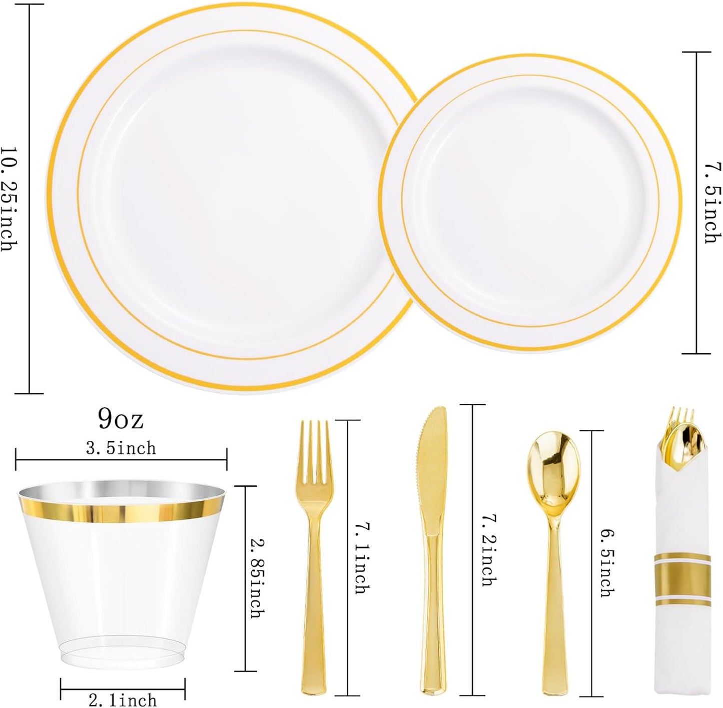 DaYammi 350PCS Gold Plastic Dinnerware Set for 50 Guests, Thanksgiving Plates Disposable, Include: 50 Dinner Plates, 50 Dessert Plates, 50 Pre Rolled Napkins with Gold Silverware, 50 Cups