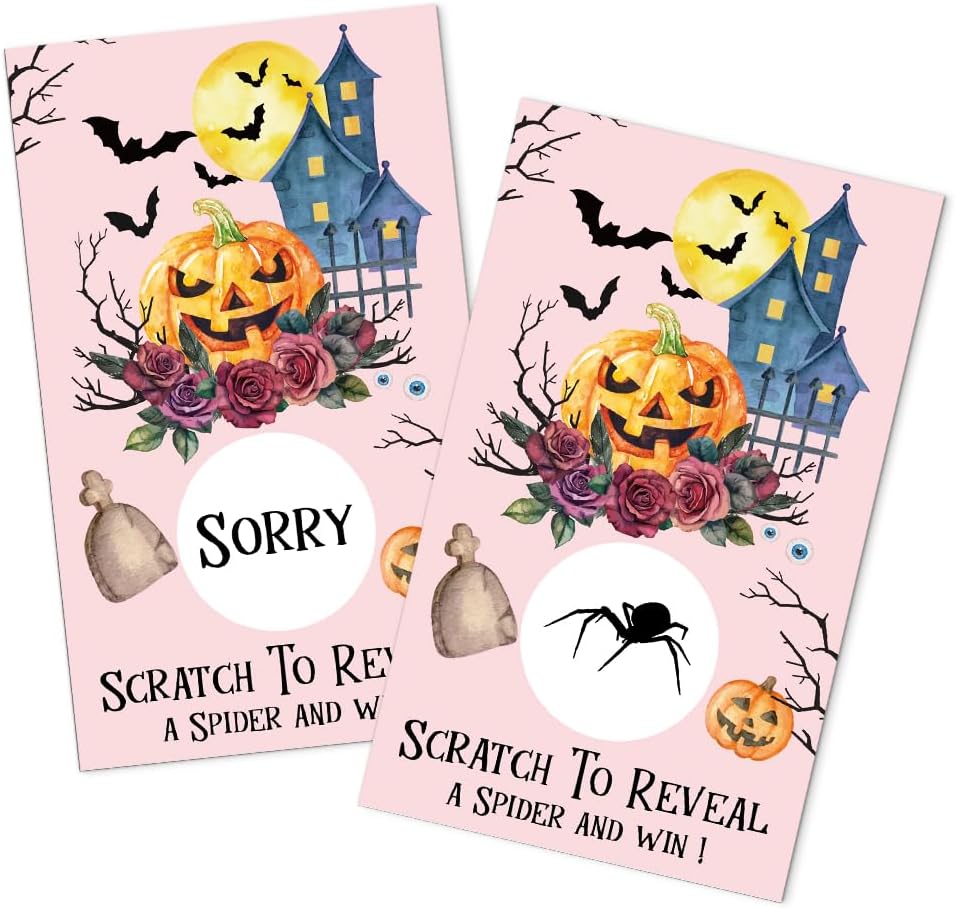 50 Pack Find The Spider Halloween Theme Patch Scratch Off Game, Bat Horror Scratch Cards for Fall Party Games, Pumpkin Raffle Tickets for Birthday Thank You Party Games, Halloween Baby Shower