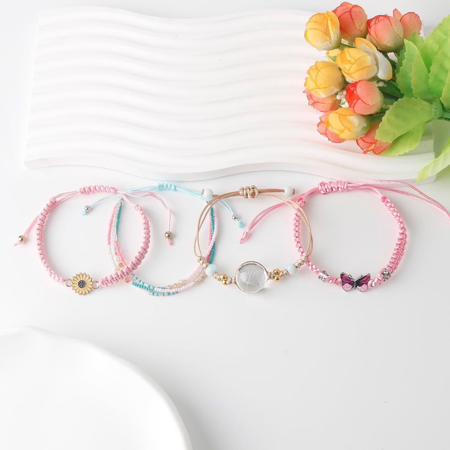 DS 4PCS String beads Charm Bracelets for Teen Girls Dainty cute cartoon Butterfly Daisy Eternal flower Beads Bracelets set for woman and girls Adjustable Stretch bracelet birthday Gift For Friends