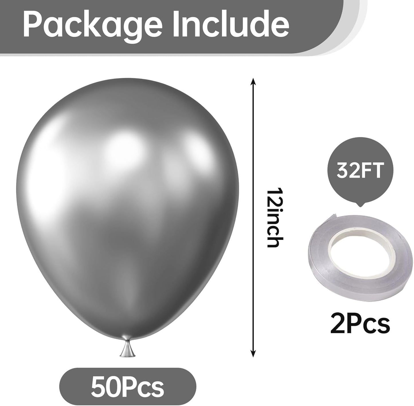 KALOR 12 Inch Metallic Silver Balloons, 50 Pcs Latex Helium Metallic Balloons for Kid's Birthday Party, Baby Shower, Wedding, Graduate Party Decorations