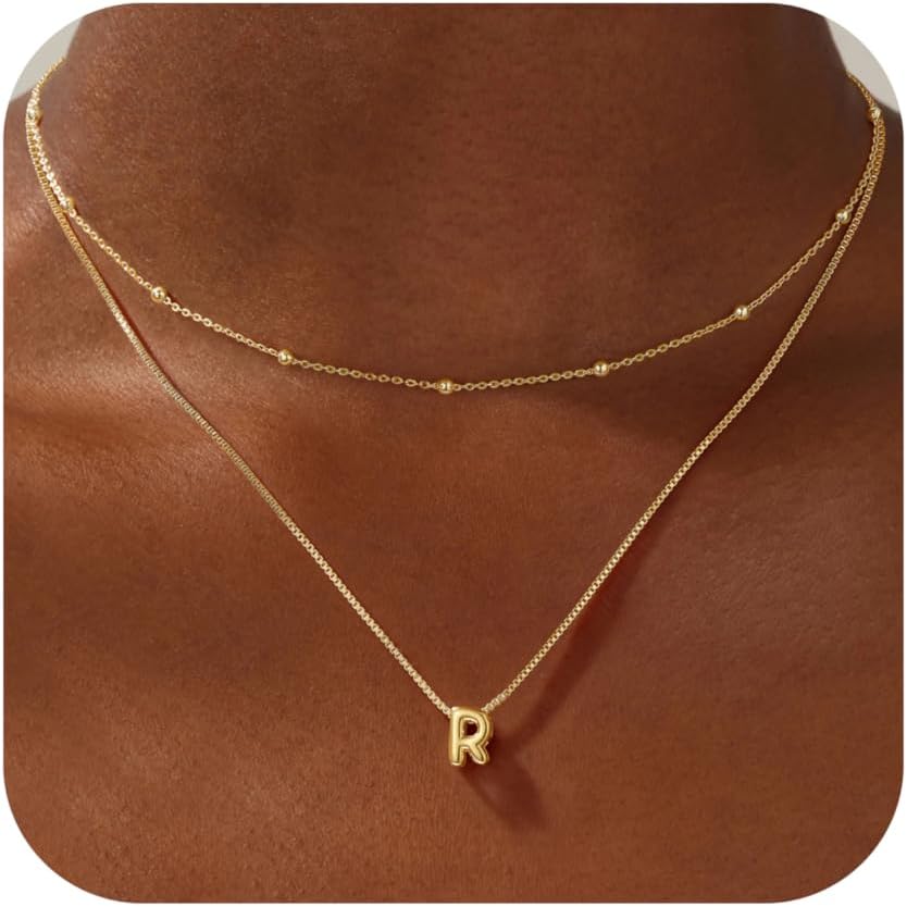 Initial Necklaces for Women - Real Gold Plated Bubble Pendent Dainty Gold Necklace for Women Layered Gold Letter Necklace Beaded Box Chain Choker Necklace Jewelry for Women Gifts for Girls