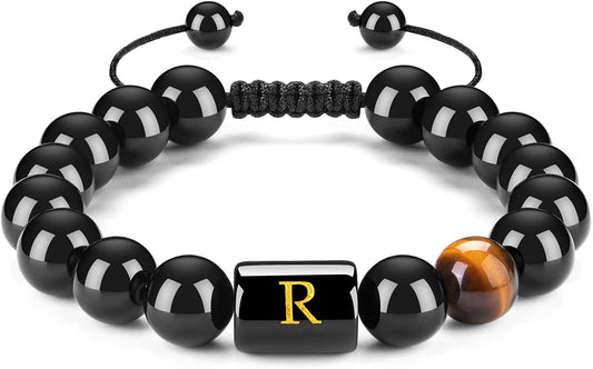 FRG Initials Bracelets for Men Letter Link Handmade Natural Black Onyx Tiger Eye Stone Beads Braided Rope Meaningful Bracelet
