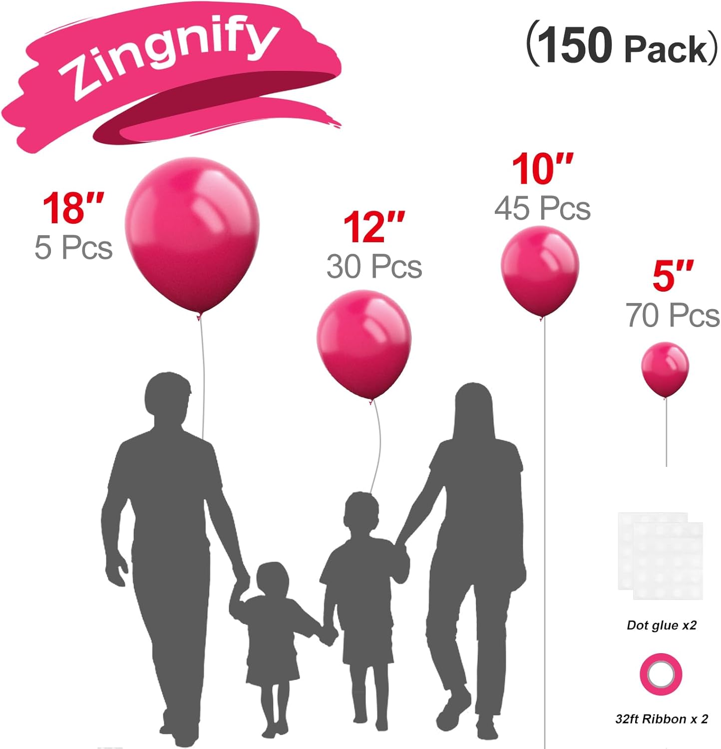 Hot Pink Balloons, 150 pcs Different Sizes Pack of 18 Inch 12 Inch 10 Inch 5 Inch Peach Pink Balloons for Balloon Garland Balloon Arch as Birthday Party Wedding Decorations