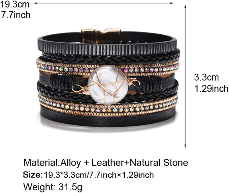 Fesciory Leopard Bracelet for Women, Boho Leather Wrap Multi-Layer Pearl Crystal Bracelet Bangle Jewelry