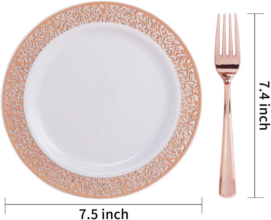 WDF 200 Pieces Rose Gold Dessert Plates with Forks, 100Pcs Lace Design Cake Small Rose Gold Appetizer Plates 7.5" and 100 Pcs Forks 7.4" for Wedding/Party
