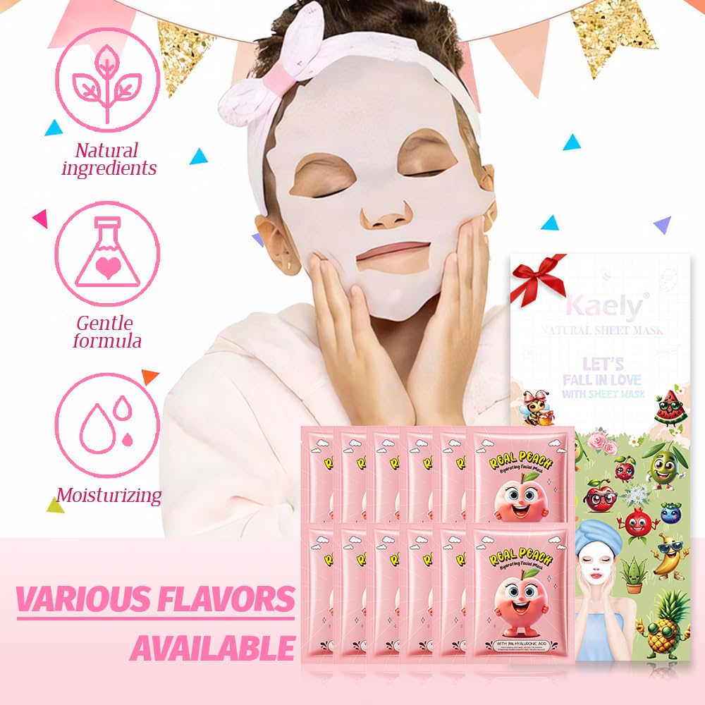 Kaely 12 Pack Peach Face Masks for Kids, Kids Face Mask Spa Day Kit Supplies, Spa Party Favors for Teens Girls Women, Sheet Facial Mask Skincare Gifts Set, Moisturize Soothe for All Skin Types, 08