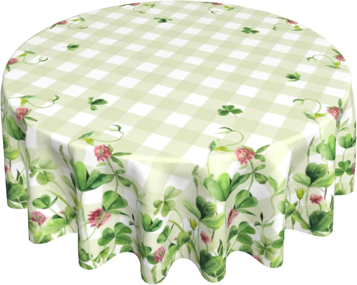 Giwawa St Patricks Floral Tablecloth Round 60Inch Watercolor Clover Shamrock Flowers Table Cover with Green Buffalo Plaids Decorative Washable Table Cloth for Kitchen Dining Holiday Party