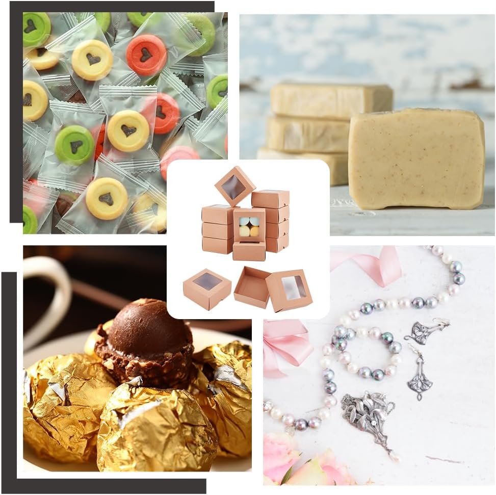 BENECREAT 12PCS Brown Kraft Paper Box with Clear Window, 3.94x3.94x1.97inch Square Kraft Paper Gift Box, Suitable for Wedding Party Gifts, Jewelry Packaging