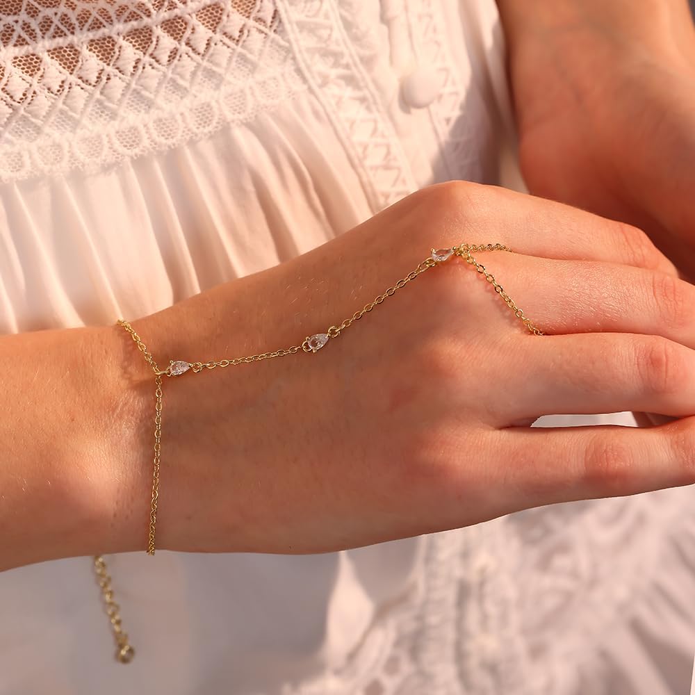 Listine Hand Chain Bracelet 14K Gold Plated Ring Bracelet Hand Chain Trendy Stuff for Women Dainty Hand Bracelets with Finger Ring Hand Jewelry for Women