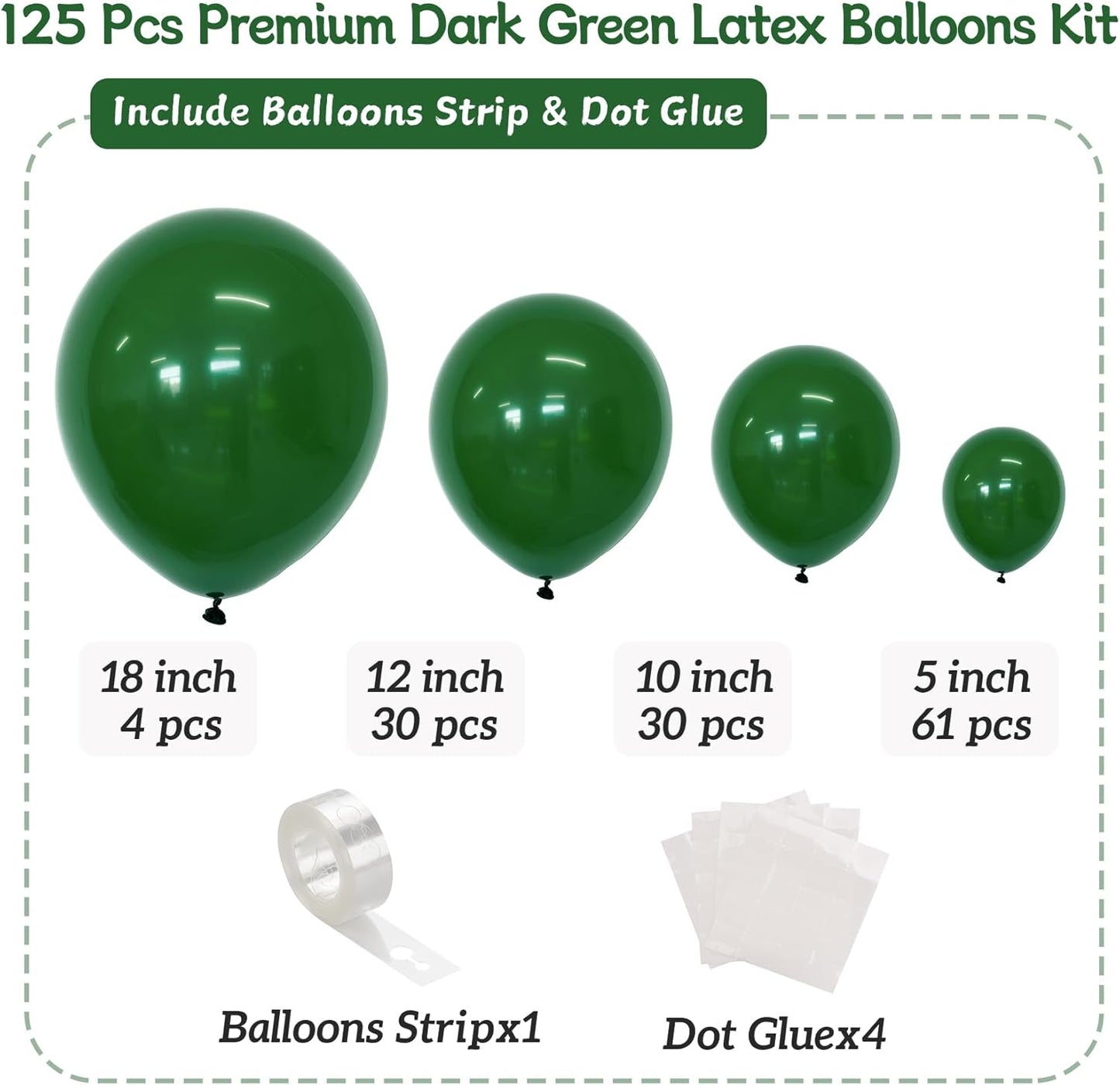 Dark Green Balloons 125 PCS Different Sizes 18 12 10 5 Inch Emerald Hunter Forest Green Balloon Arch Kit for Birthday Baby Shower Christmas Graduation Dinosaur Jungle Theme Party Decorations