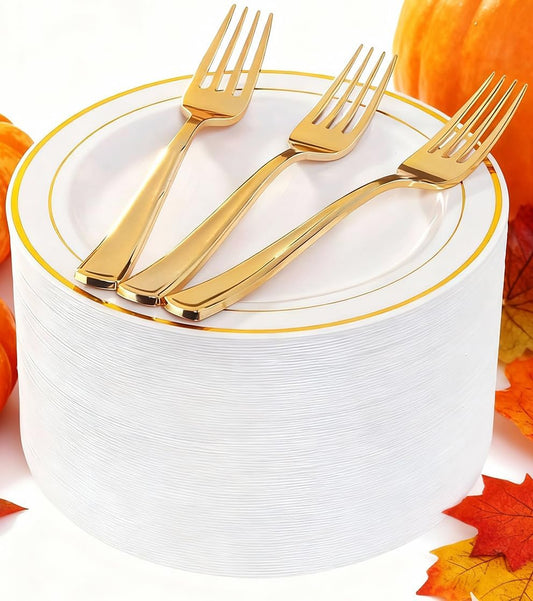 I00000 144 Small Plastic Dessert Plates Set Include 72 Pcs Gold Dessert Plates 7.5" with 72 Pcs Forks 7.5",Disposable Cake Plate,Fancy White Gold Plastic Small Plates for Party