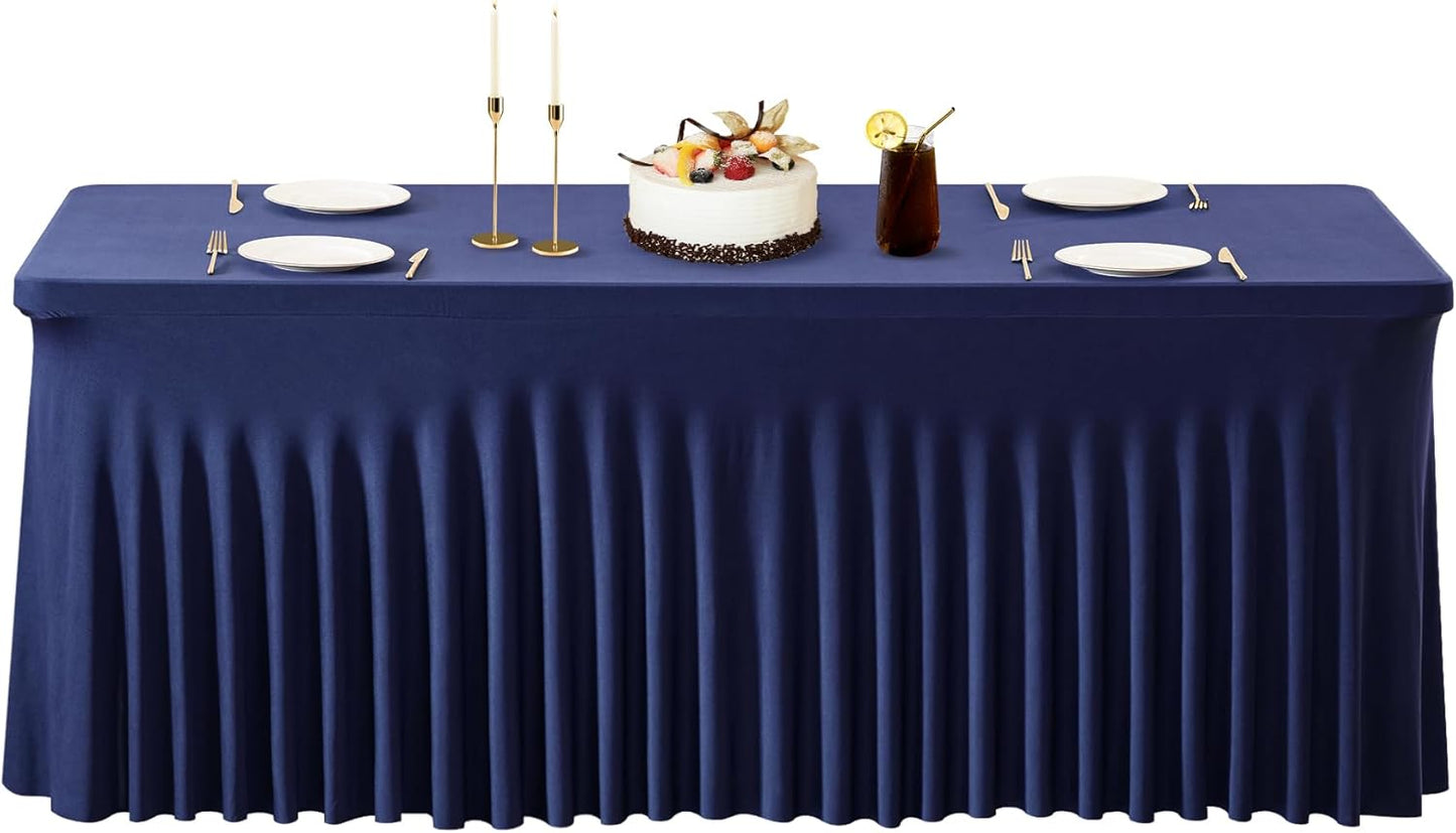 PARTISKY Navy Blue Spandex Tablecloth for 4ft Rectangle Tables, Stretchable Table Cover Skirt for Folding Tables Weddings Parties Banquets Events Trade Shows and Dessert Table