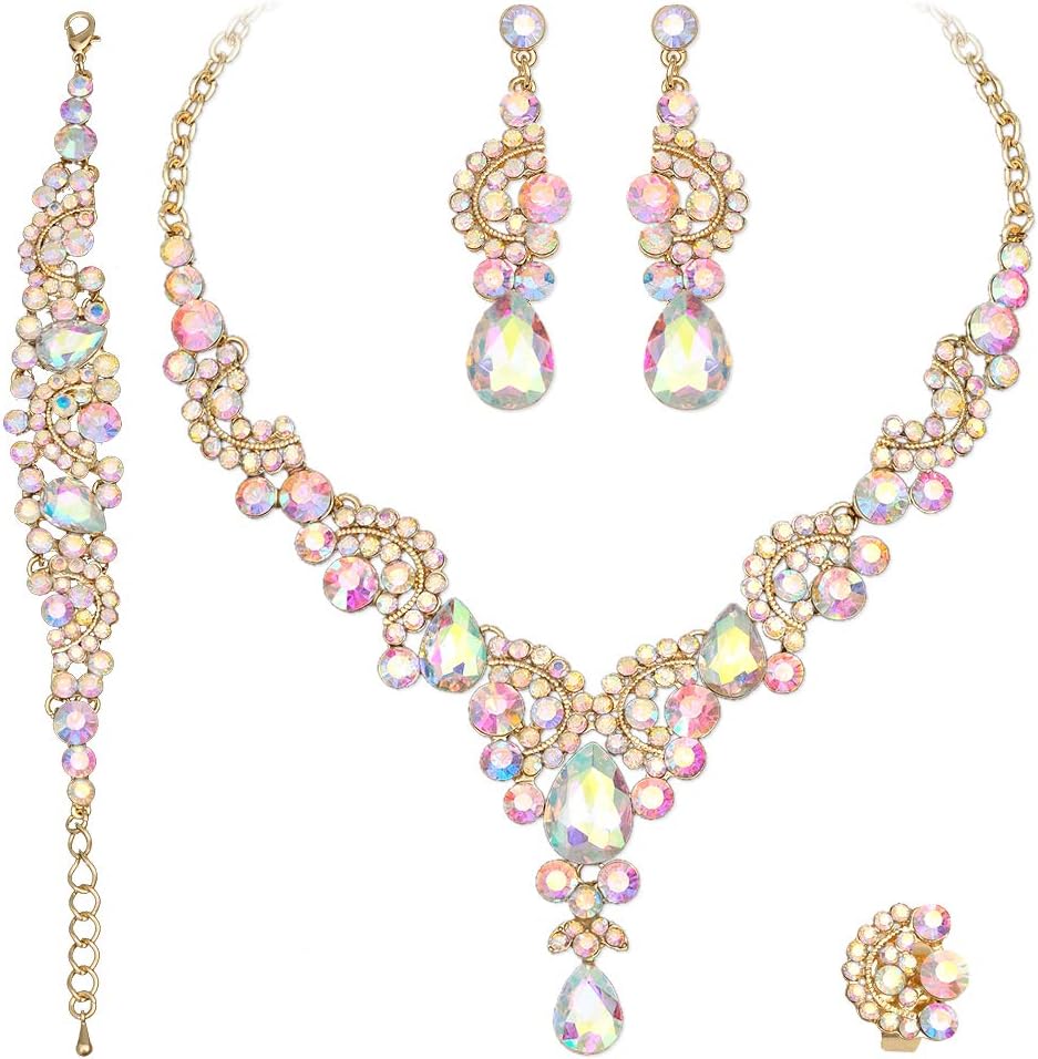 CSY Elegant Crystal Necklace Earrings Bracelet Ring Bridal Wedding Party Costume Jewelry Sets for Brides Women