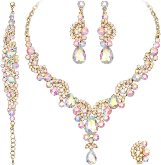 CSY Elegant Crystal Necklace Earrings Bracelet Ring Bridal Wedding Party Costume Jewelry Sets for Brides Women