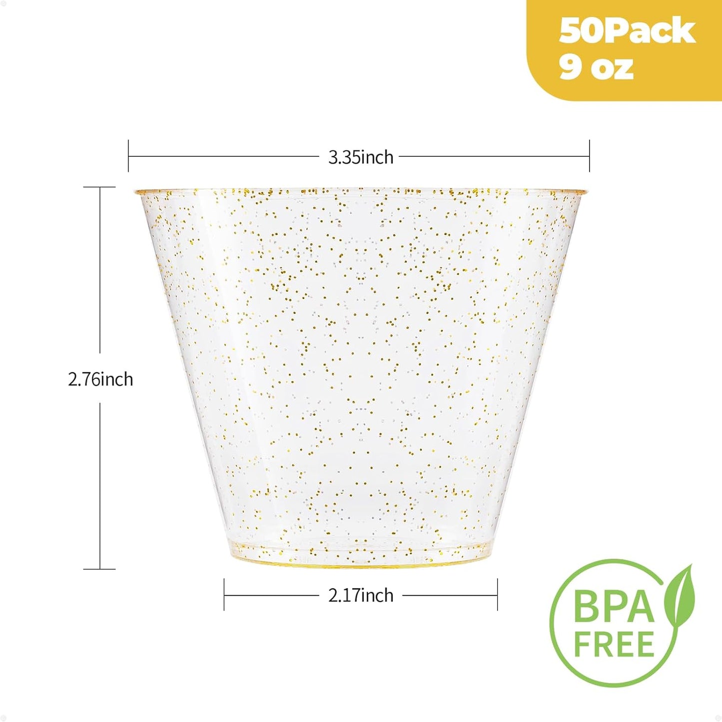 50PCS 9oz Glitter Plastic Cups for Party, Disposable Gold Cups, Plastic Cocktail Glasses for Wedding Thanksgiving, Christmas, and Parties