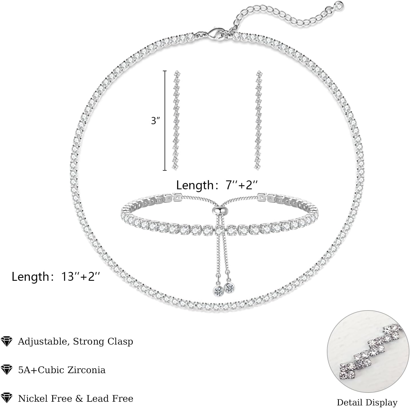 Luxval Tennis Necklace Set for Women Tennis Bracelets Diamond Earrings Sterling Silver Necklace Wedding Jewelry for Bride Silver Jewelry Sets for Women Gift