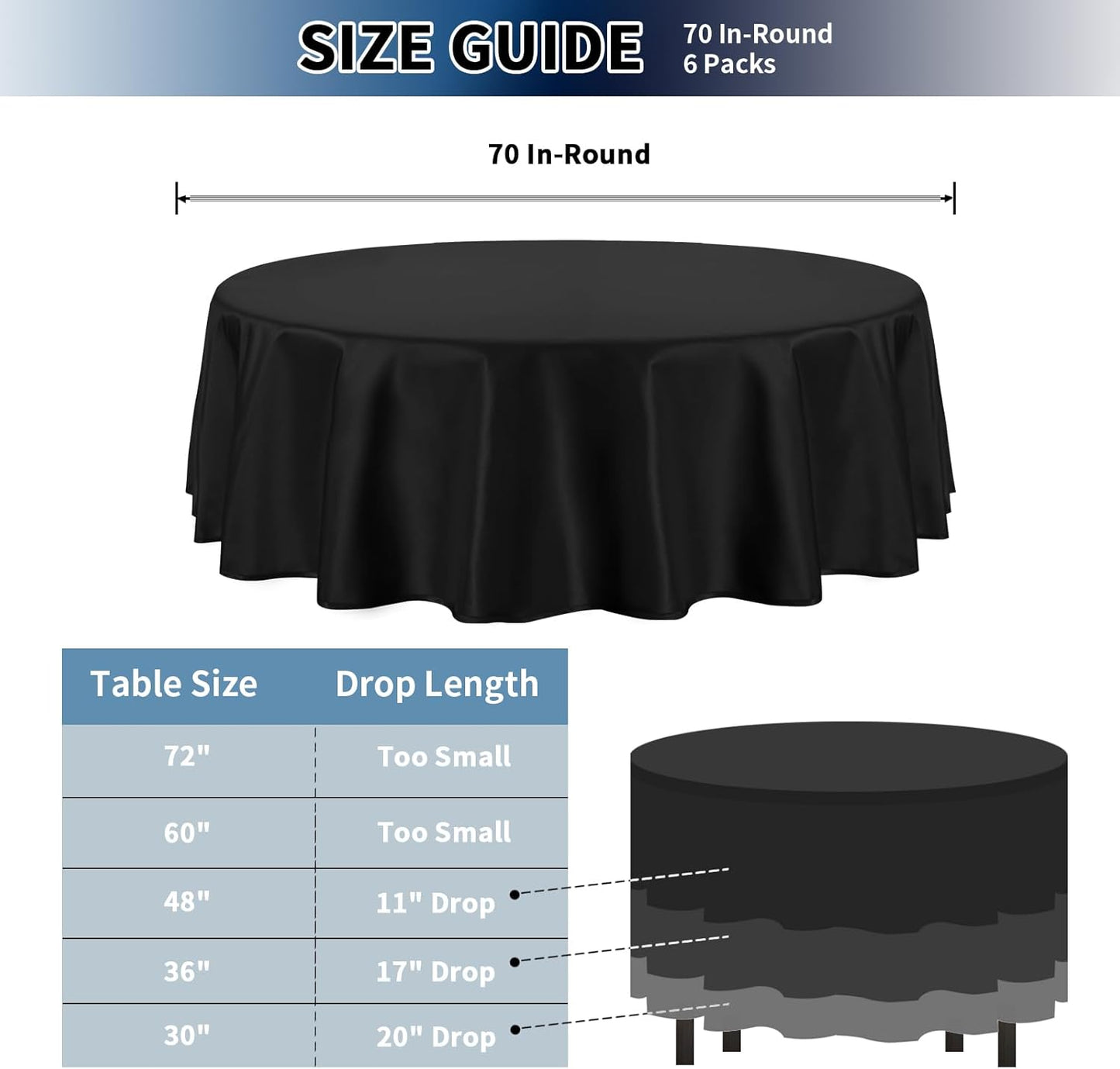 PureFit 6 Pack Round Black Table Cloths 70 Inch for Round Tables, Stain and Wrinkle Resistant Table Linens for Home Use, Wedding, Party, Banquet and Camping