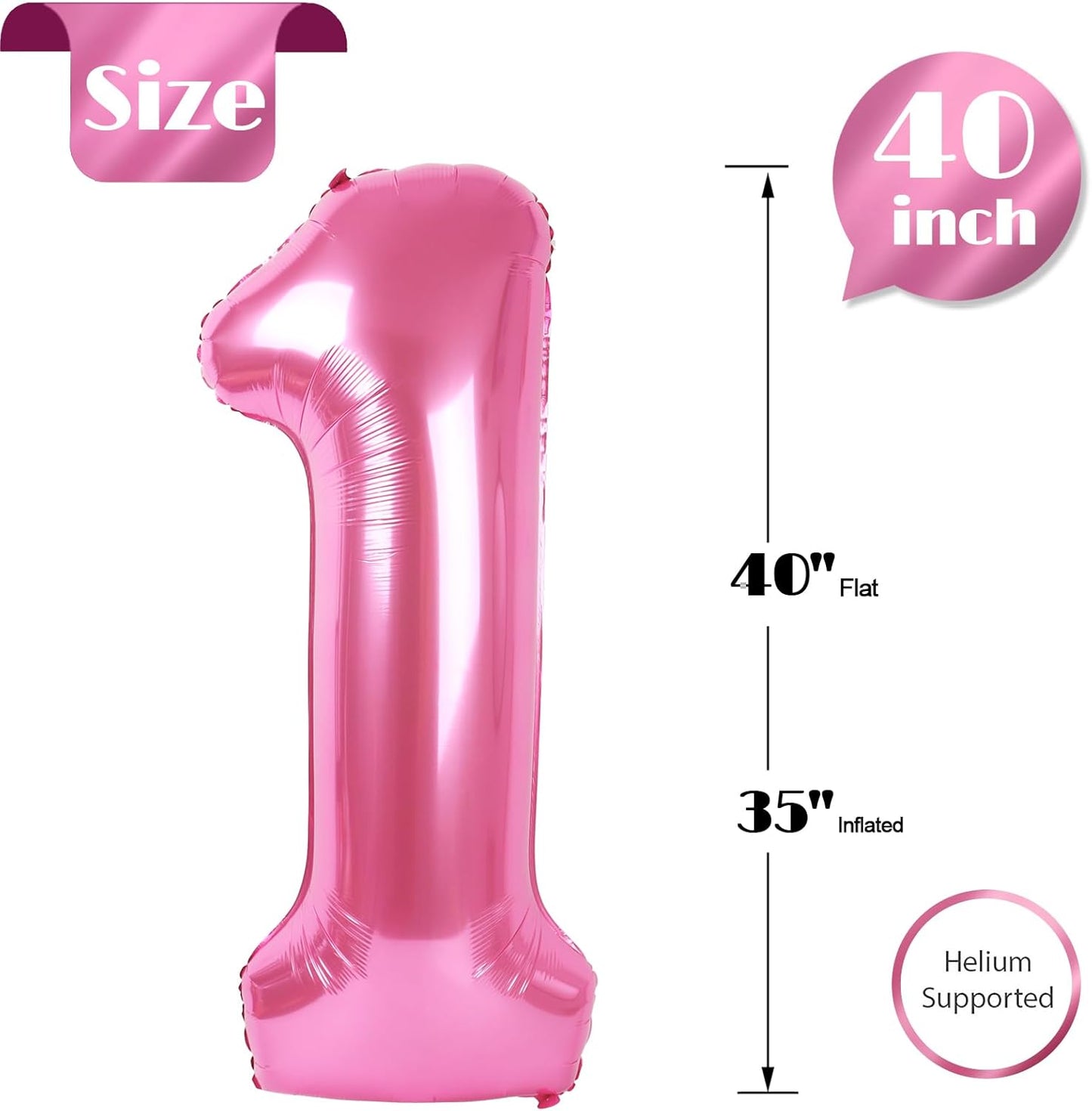 40 Inch Pink 1 Balloon for First Birthday, 1st Number Balloons Birthday Decorations for Girl Kids Toddler Baby, One Giant Number 1 Balloon