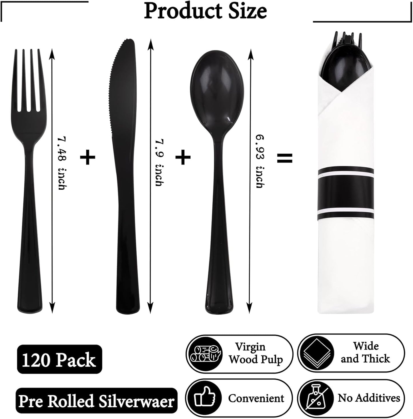 Supernal 120 Pack Black Plastic Silverware,Rolled Silverware Disposable,Pre Wrapped Cutlery Set with Napkin,Plastic Utensils Heavy Duty, Rolled Black Cutlery