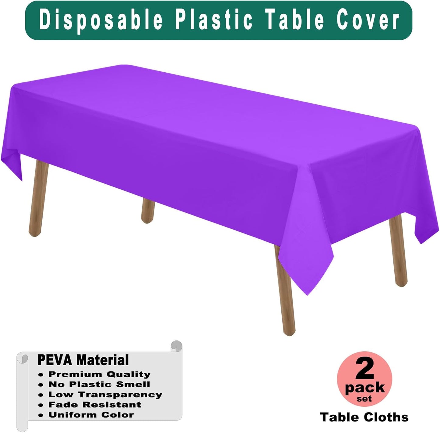Purple Plastic Tablecloths 2 Pack Disposable Table Covers 54 x 108 Inch Bridal Shower Party Tablecovers PEVA Violet Table Cloths for Picnic Birthday Wedding Banquet Parties 8 ft Rectangle Table Use