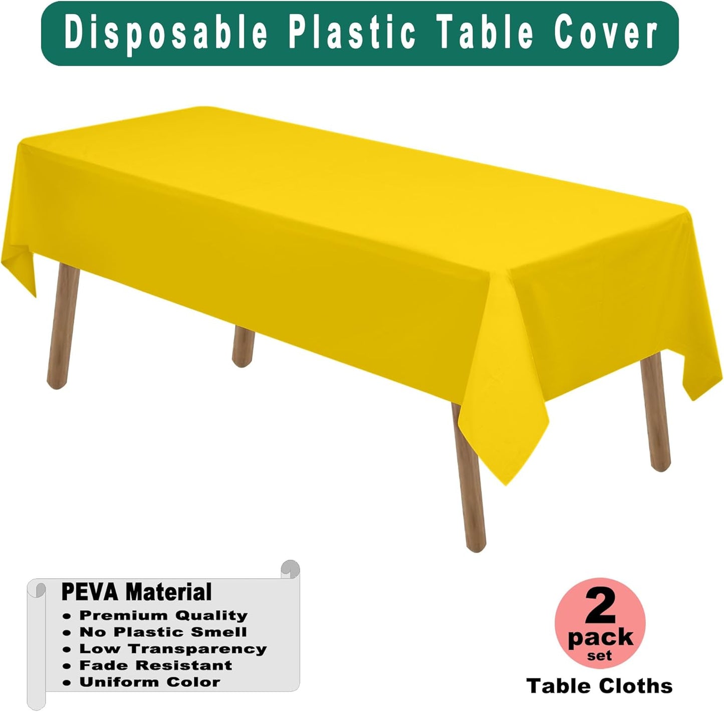 Yellow Plastic Tablecloths 2 Pack Solid Disposable Tablecovers PEVA Table Cloths for Picnic Birthday Wedding Banquet Parties 54 x 108 Inch Rectangle 8 ft Table Use