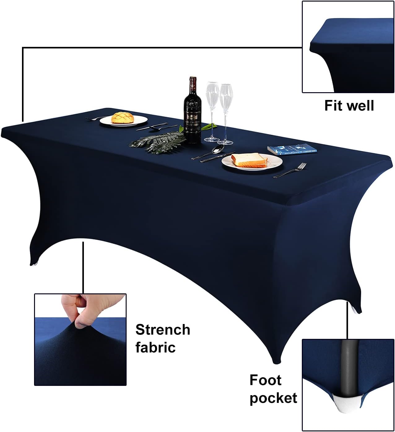 FORLIFE Spandex Table Cover - Fitted 8ft Rectangular Tablecloth, Stretch Patio Cover, Universal for Wedding, Banquet, Party (Navy)