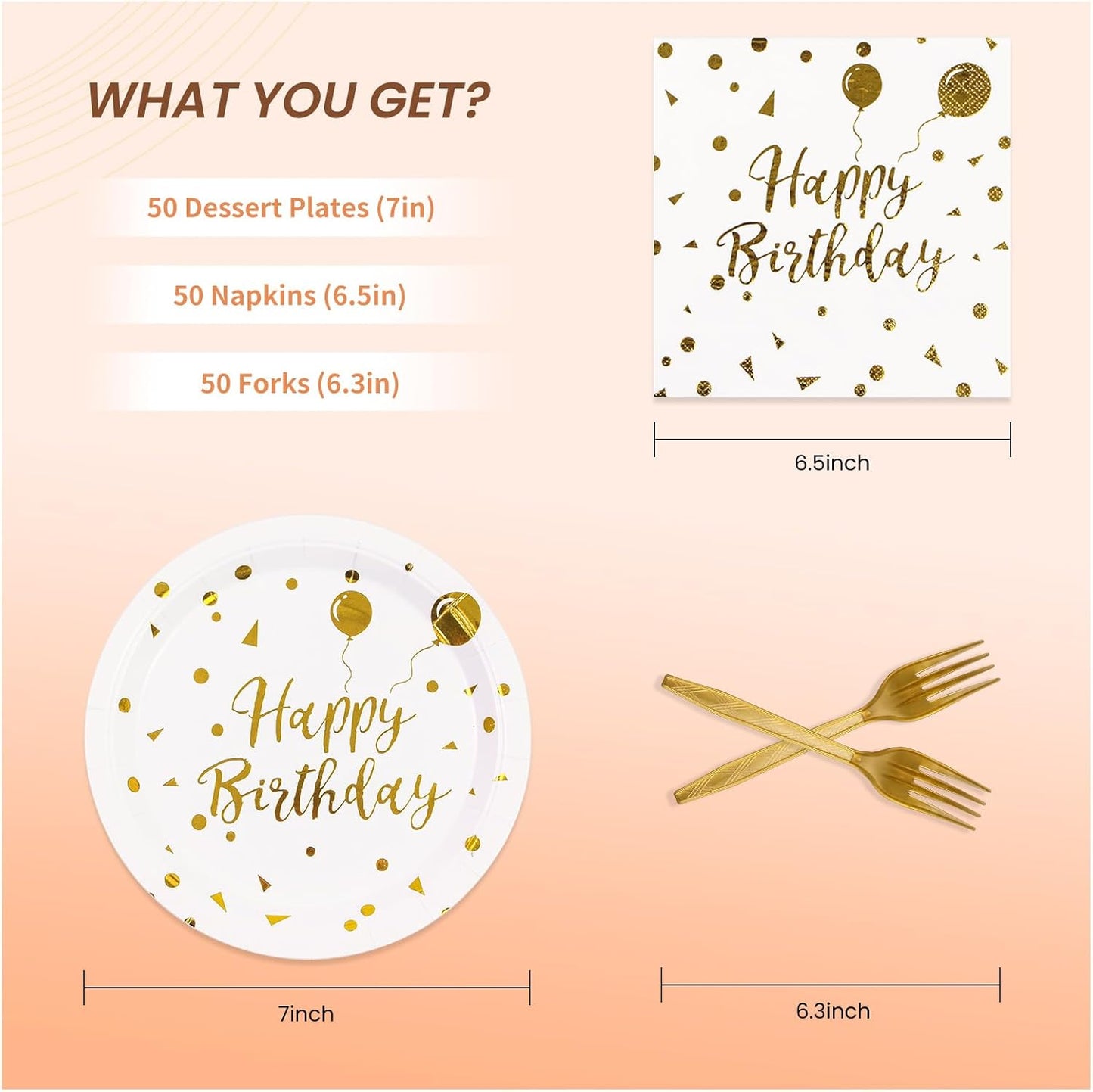 150PCS Happy Birthday Paper Plates and Napkins - 7 Inch White Gold Dot Paper Plates and 6.5 Inch Napkins with 6.3 Inch Gold Forks Disposable Tableware Set for Birthday Party Decorations, Serves 50