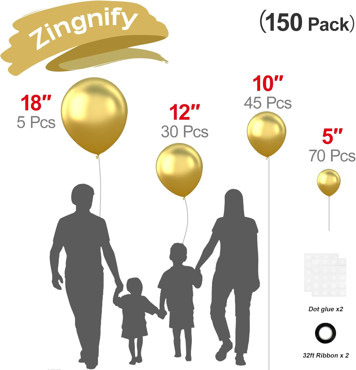 Metallic Gold Balloons, 150 pcs Different Sizes Pack of 18 Inch 12 Inch 10 Inch 5 Inch Gold Metallic Balloons for Balloon Garland Balloon Arch as Birthday Party Wedding Decorations