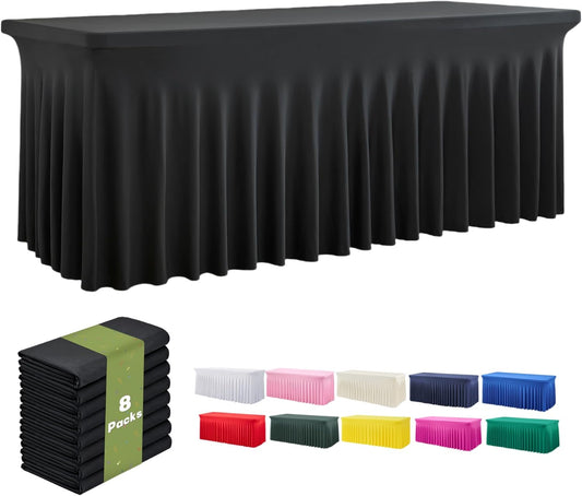 leegleri 8 Pack Black Spandex Table Cloths for 6 Foot Rectangle Tables, Wrinkle Free Stretch Fitted Tablecloths 6ft, Black Banquet Tablecloth with Skirt for Parties Weddings Birthday