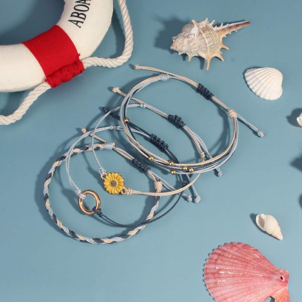 FANCY SHINY Sunflower String Bracelet Boho Braided Rope Wrap Bracelets Cute Summer Beach Surfer Jewelry for Women Christmas Gifts