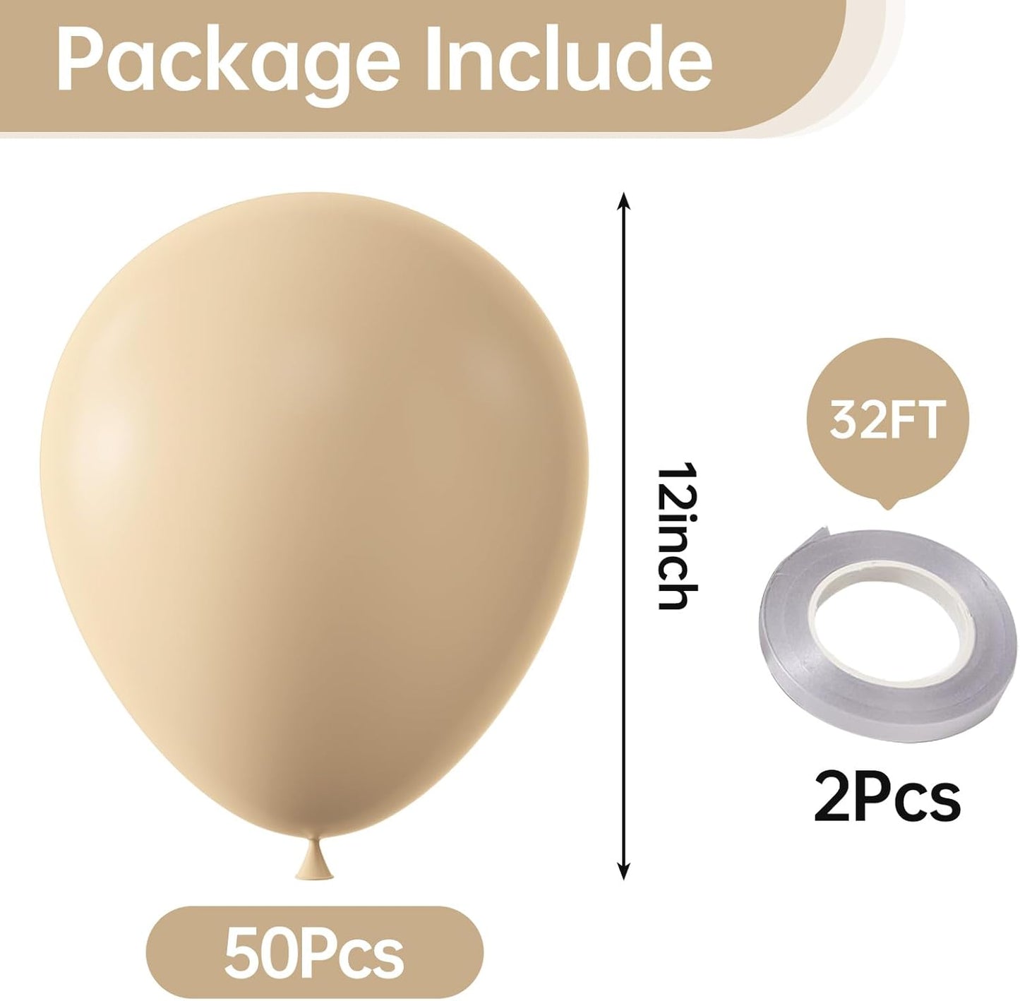 KALOR 12 Inch Beige Balloons, 50 Pcs Latex Helium Balloons for Kid's Birthday Party, Baby Shower, Wedding, Graduate Party Decorations