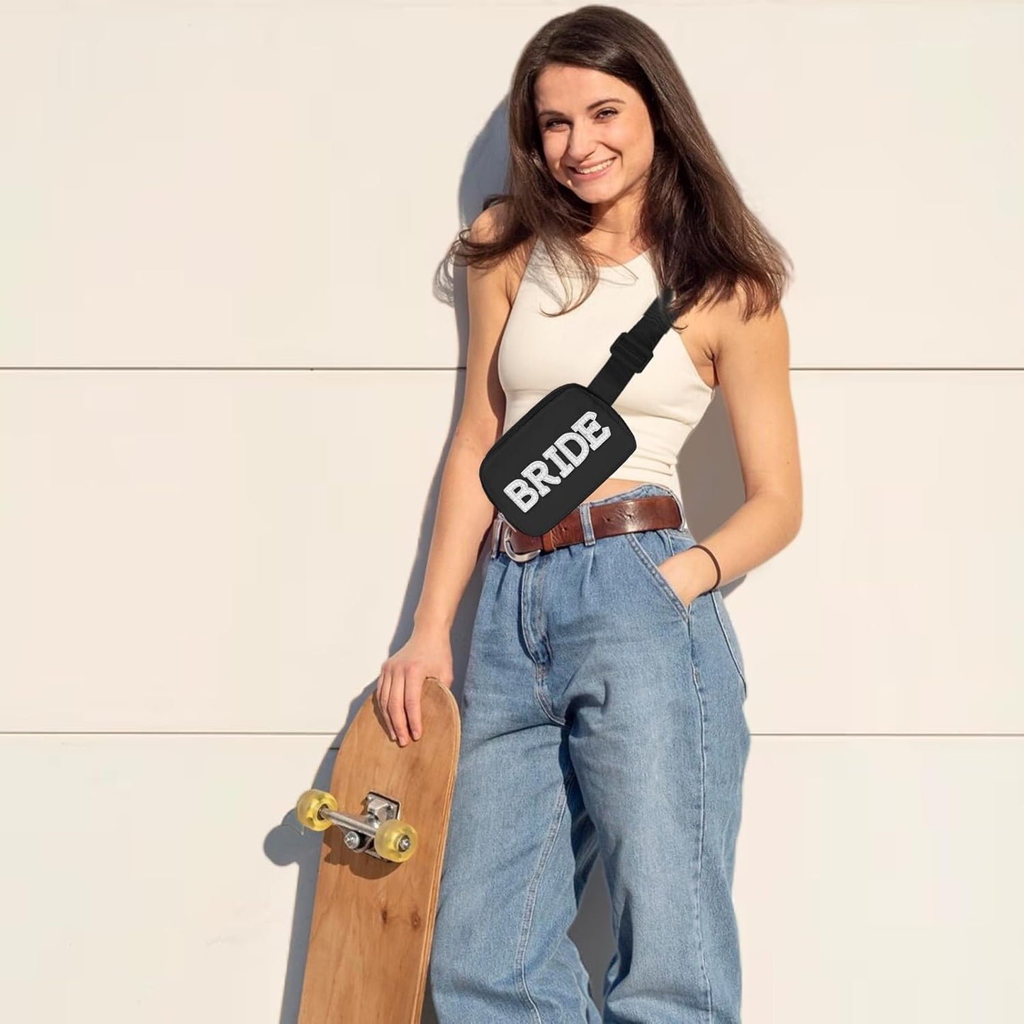 Lamyba Bride to be Gifts, Bridal Shower Gifts, Pearl Patch Bride Fanny Pack for Bachelorette Party Wedding day, Adjustable Strap Waterproof Mrs Crossbody Bag, Black