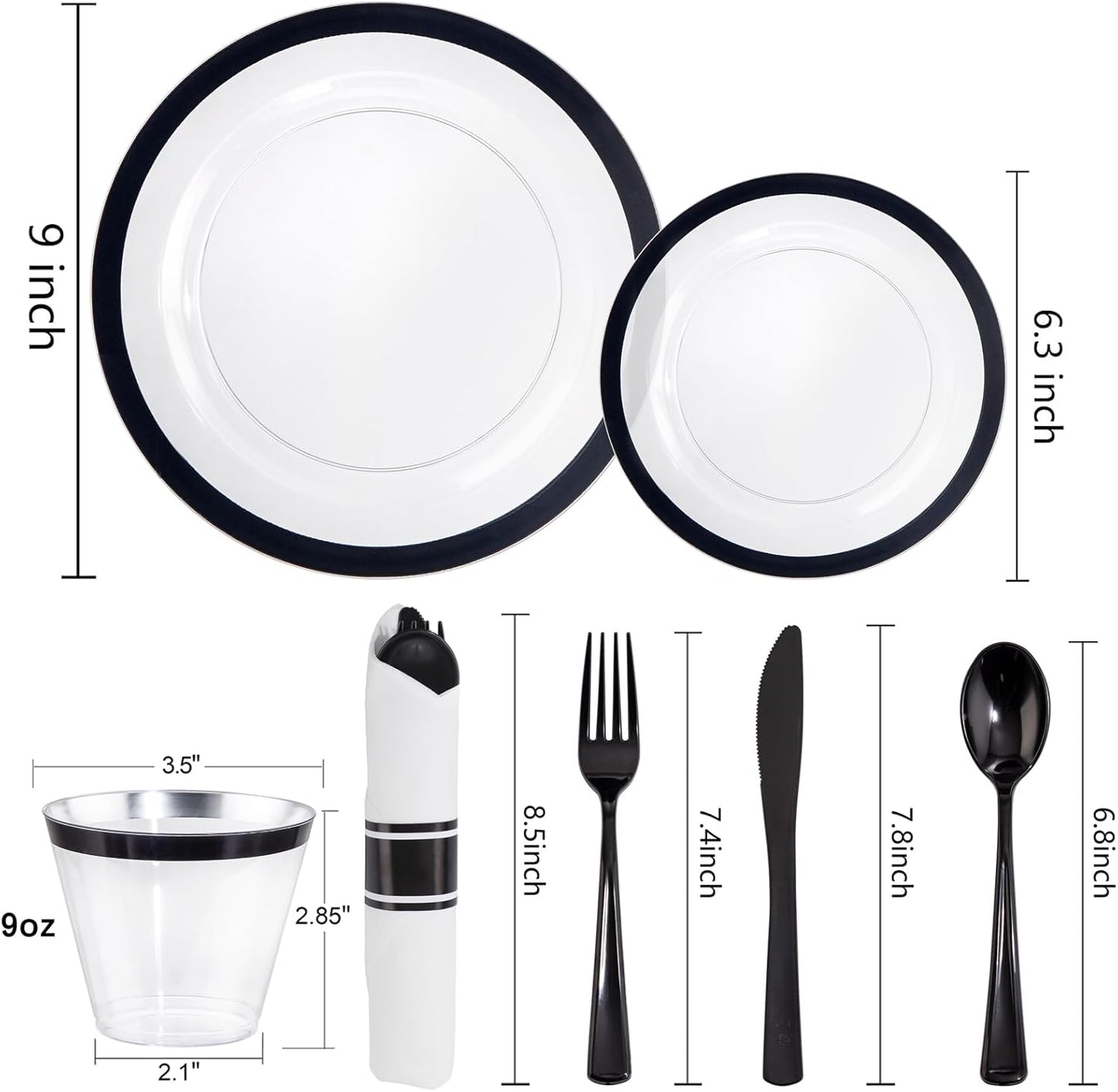 Liacere 350PCS - Clear Plates with Black Rim for 50Guests Dinnerware Include 100 Clear Plates disposable 150 Black Silverware 50 Napkins for Party&New Year