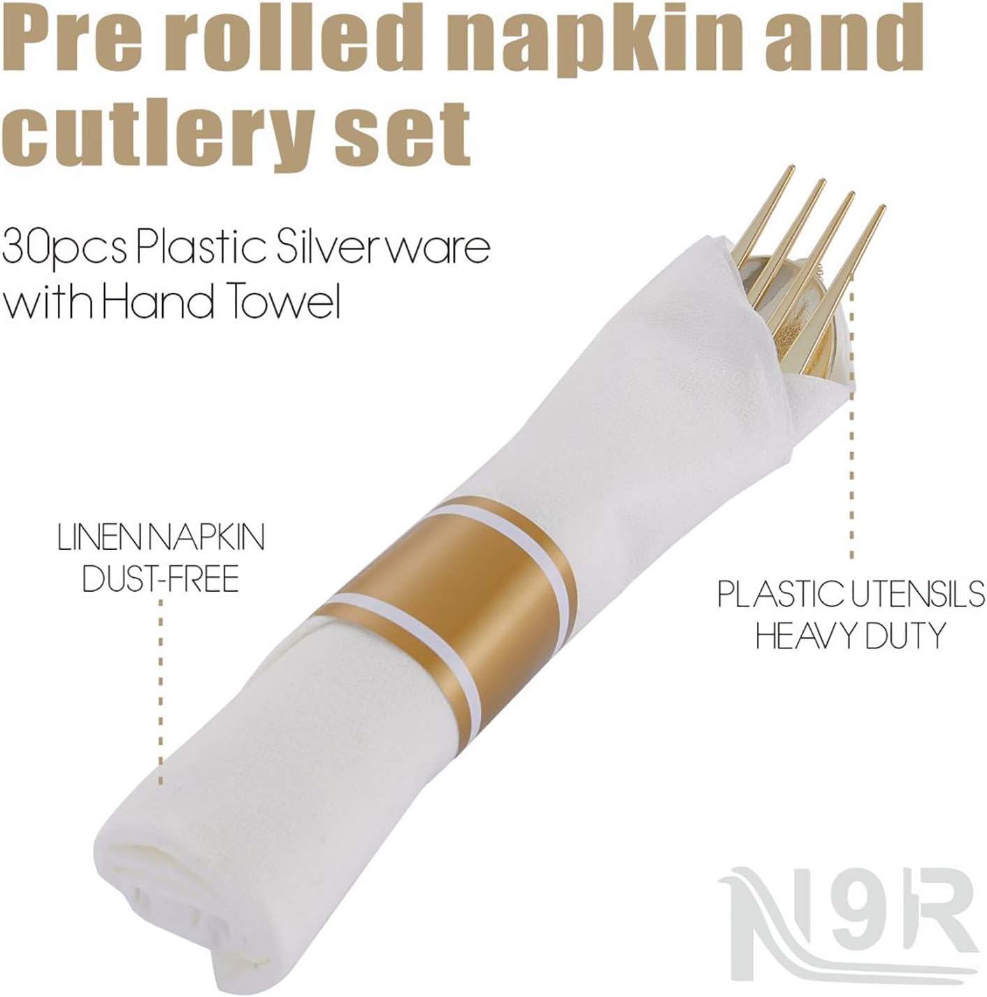 N9R 30 Pack Pre Rolled Gold Plastic Cutlery Set, Wrapped Plastic Silverware Set with 30 Forks, 30 Knives, 30 Spoons and 30 Napkins, Disposable Cutlery Set for Party and Wedding