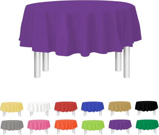 Purple Disposable Plastic Tablecloth for Round Tables (12 Pack) 84 inches Table Cloths for Parties, Events & Weddings, Indoors & Outdoors, Plastic Table Cover