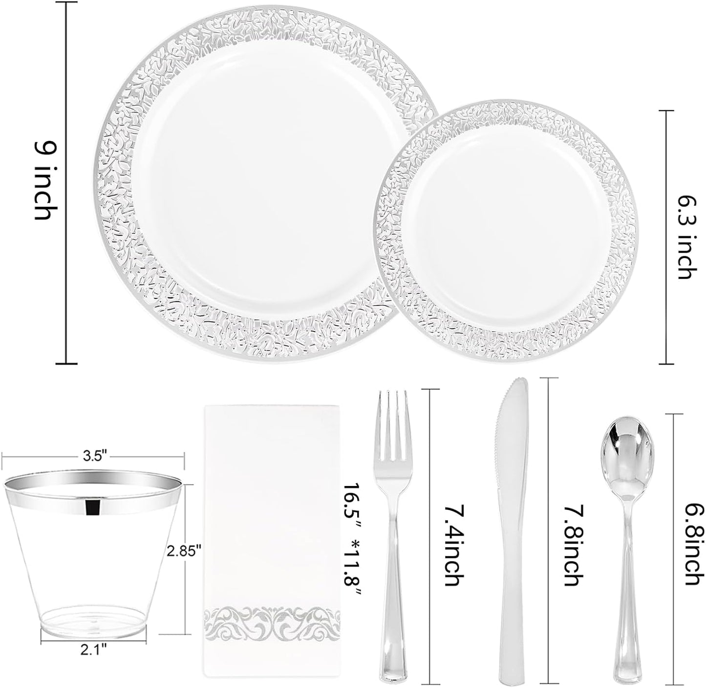 WELLIFE 210pcs Dinnerware Set - Silver Rimmed Plastic Plates Disposable Heavy Duty, Disposable Plastic Plates with Silver Rim, Water-proof, Break-proof, Best Choice for Any Party