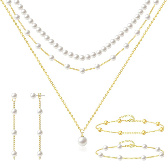 Pearl Jewelry Set for Women Faux Pearl Costume Jewelry Set with Necklace, Bracelets, Ring, Earrings for Wedding Bridal Birthday Tea Party