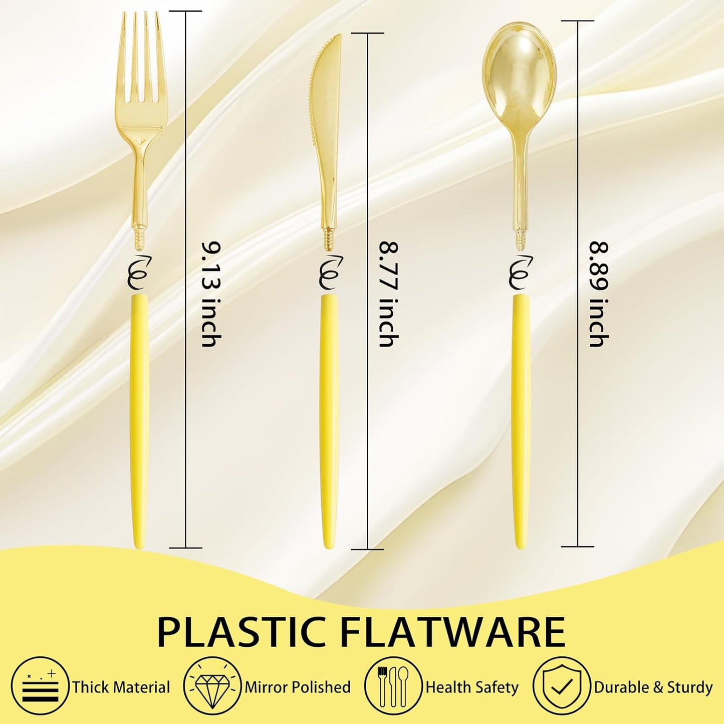 Supernal 102Pcs Gold Plastic Silverware, Gold Disposable Utensils with Yellow Handle, Yellow Plastic Silverware Heavy Duty Include 34 Forks, 34 Knives and 34 Spoons Perfect for Party, Mother's Day