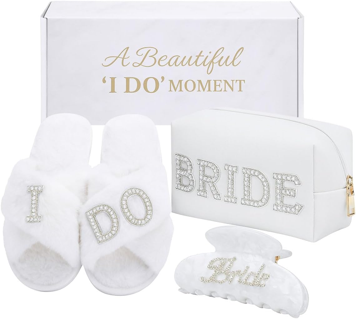 Bridal Shower Gifts, Bride To Be Gift Set, Wedding Gifts for Bride, Bachelorette Gifts for Bride, Engagement Gift for Her, Bachelor Party Christmas Gifts, Makeup Bag, I DO Slippers, Hair Clip